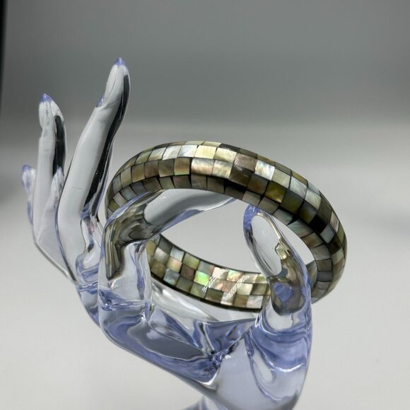 Mother of Pearl Mosaic Bangle Bracelet Iridescent Shell Inlay Square Tile Design - Picture 2 of 8